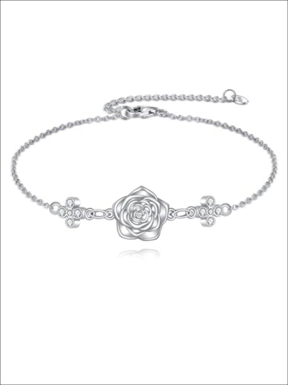 Lab Grown Diamond Rose Flower Bracelet 925 Sterling Silver Adjustable Charm